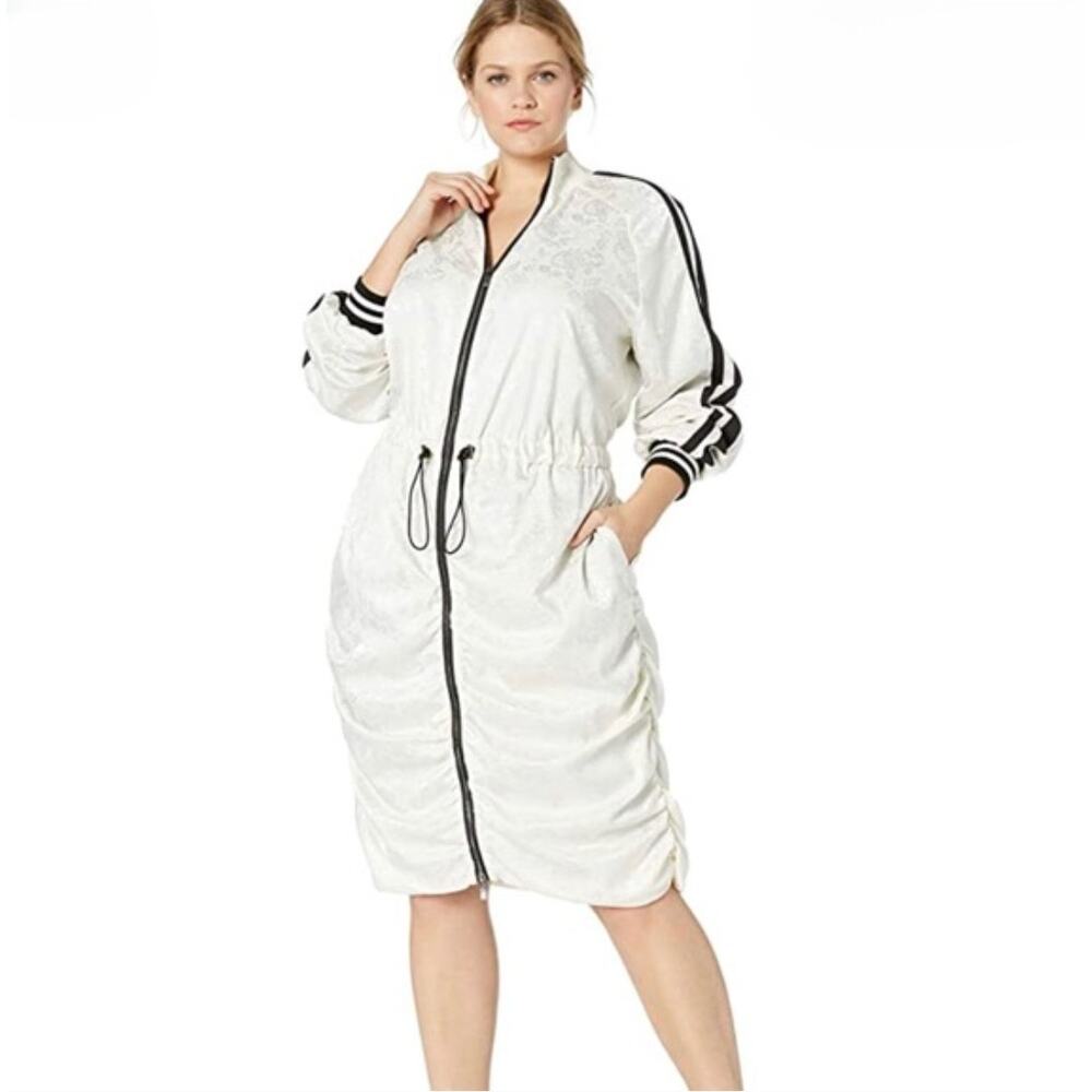 RACHEL ROY Shawna Satin Jacquard Anorak Dress Drawstring White Black {K6}
